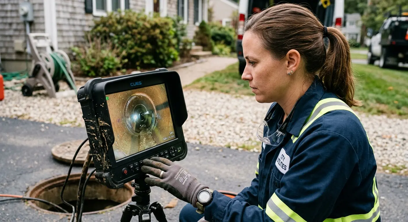 Technician reviewing sewer camera inspection footage in North Kansas City
