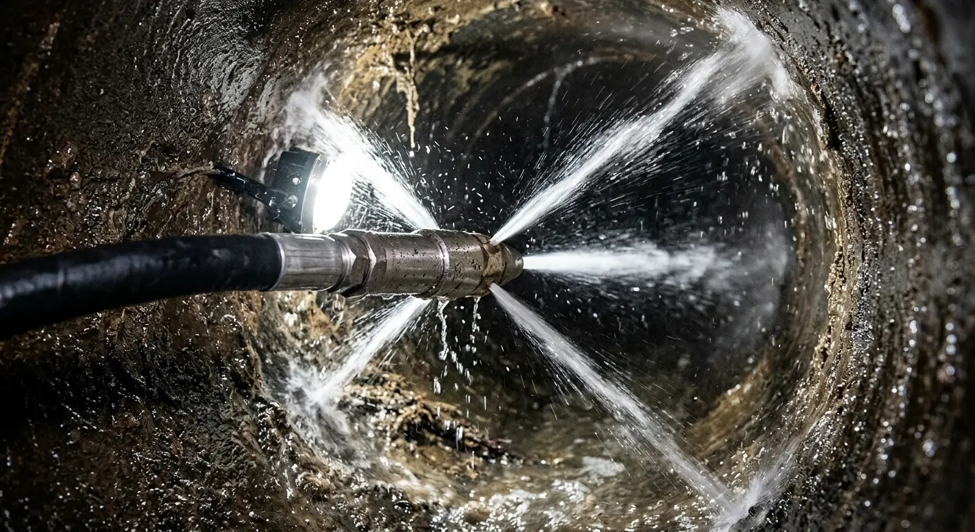 High-pressure hydro jetting nozzle cleaning sewer pipe for Trenchless Sewer Repair in North Kansas City