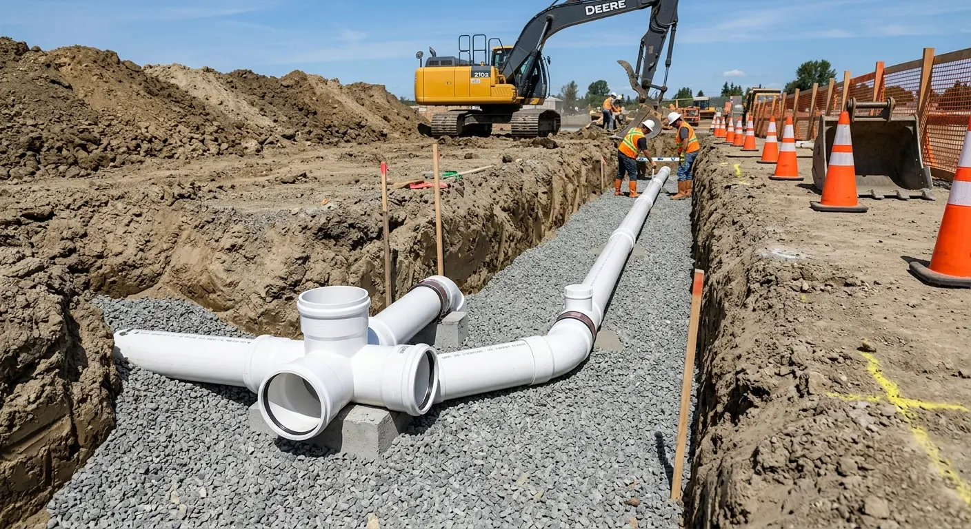New PVC sewer pipe installation in open trench for Commercial Drain Cleaning in North Kansas City