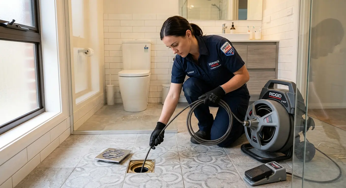 Technician clearing a bathroom floor drain for Drain Repair in North Kansas City
